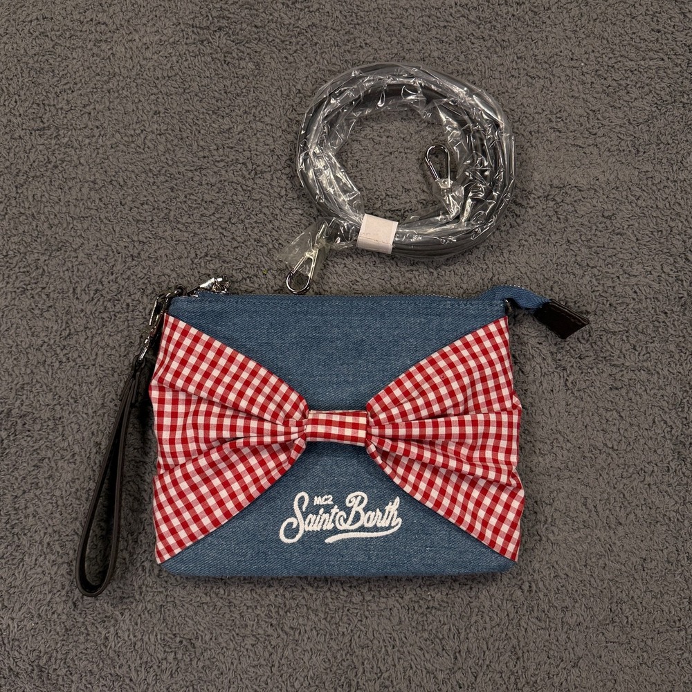 MC2 Saint Barth Clutch Womens Small Blue Denim Red Gingham Bow Purse Crossbody